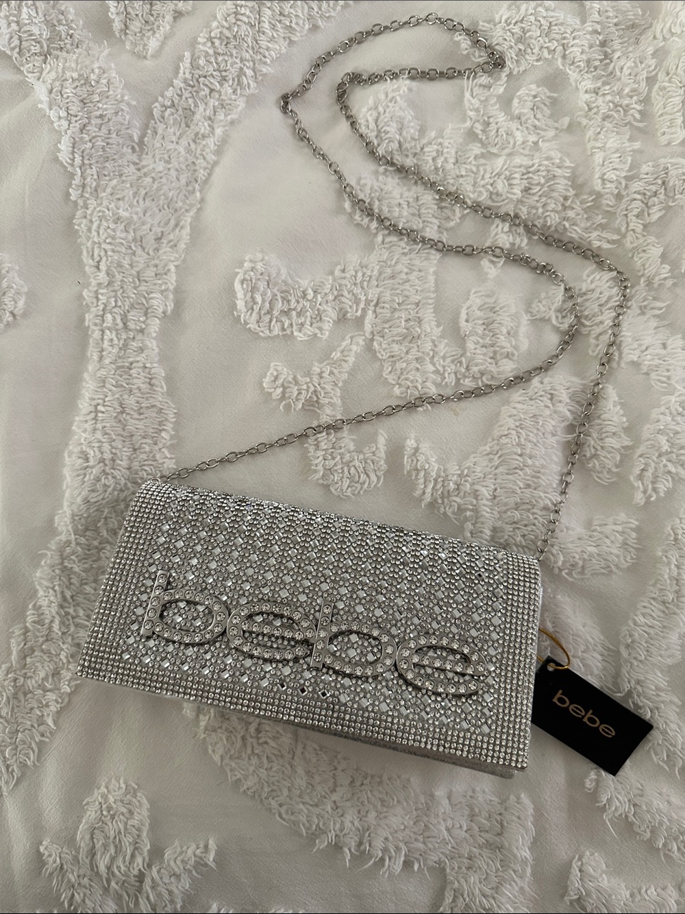 bebe Silver Crystal Rhinestone Chain Shoulder Clutch